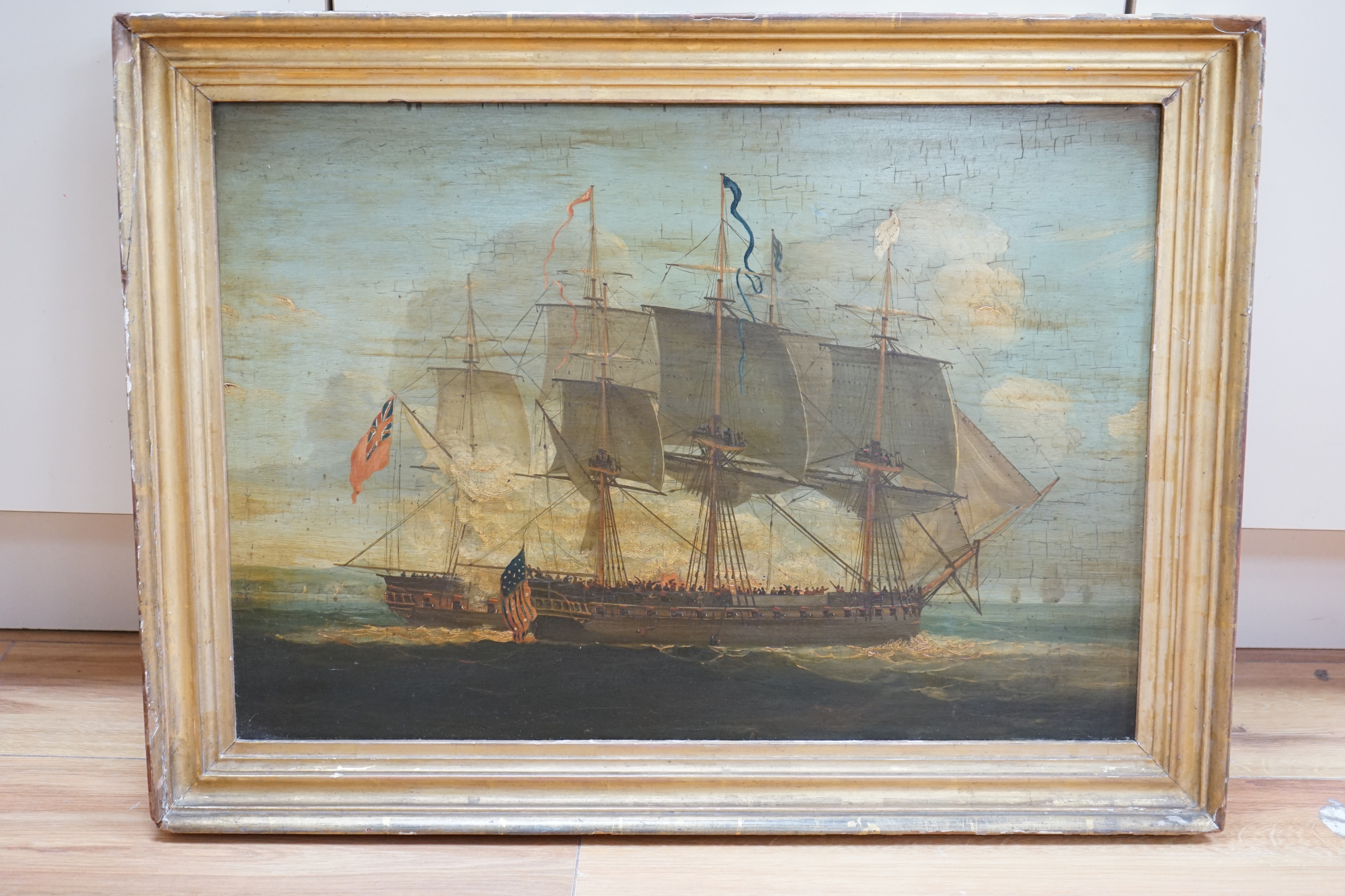 19th / 20th century English School, oil on board, captured Naval ship at sea, 41 x 59cm